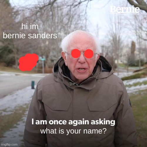 Bernie I Am Once Again Asking For Your Support | hi im bernie sanders; what is your name? | image tagged in memes,bernie i am once again asking for your support | made w/ Imgflip meme maker
