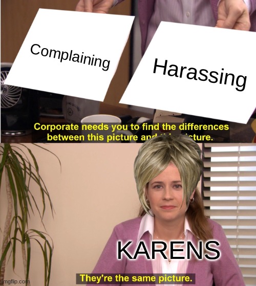 They're The Same Picture | Complaining; Harassing; KARENS | image tagged in memes,they're the same picture | made w/ Imgflip meme maker