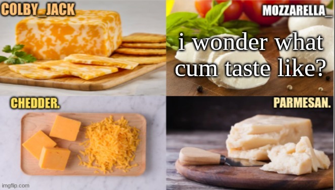 i heard it has gulcose in it which is sugar | i wonder what cum taste like? | image tagged in cheese | made w/ Imgflip meme maker