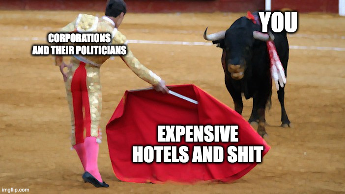 Bull-RedFlag | YOU; CORPORATIONS AND THEIR POLITICIANS; EXPENSIVE HOTELS AND SHIT | image tagged in bull-redflag | made w/ Imgflip meme maker