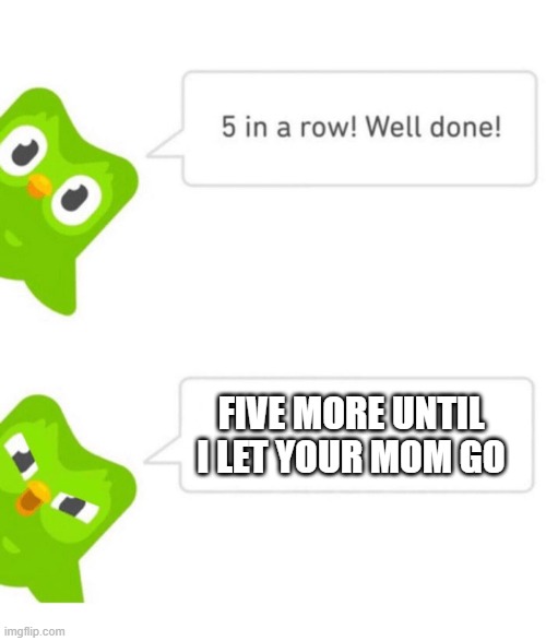 Duolingo 5 in a row | FIVE MORE UNTIL I LET YOUR MOM GO | image tagged in duolingo 5 in a row | made w/ Imgflip meme maker