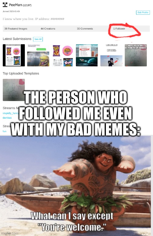 thank you whoever followed me :) | THE PERSON WHO FOLLOWED ME EVEN WITH MY BAD MEMES: | image tagged in moana,thank you | made w/ Imgflip meme maker