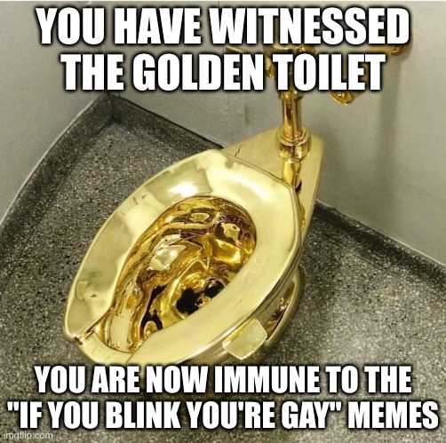 lets go | YOU HAVE WITNESSED THE GOLDEN TOILET; YOU ARE NOW IMMUNE TO THE "IF YOU BLINK YOU'RE GAY" MEMES | image tagged in gold toilet | made w/ Imgflip meme maker