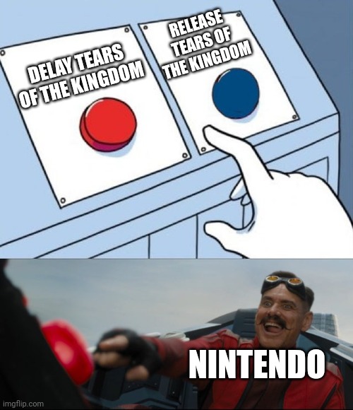 It was Announced in 2019 it's 2023 now | RELEASE TEARS OF THE KINGDOM; DELAY TEARS OF THE KINGDOM; NINTENDO | image tagged in robotnik button | made w/ Imgflip meme maker