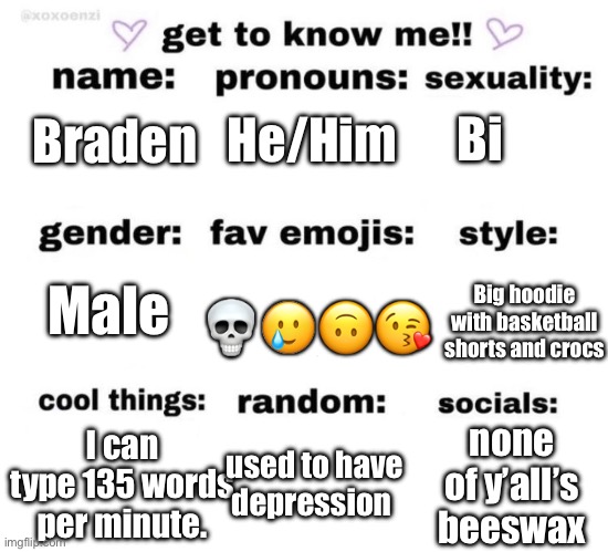 Don’t think I’ve ever formally introduced myself to you guys | He/Him; Bi; Braden; Male; Big hoodie with basketball shorts and crocs; 💀🥲🙃😘; I can type 135 words per minute. used to have depression; none of y’all’s beeswax | image tagged in get to know me | made w/ Imgflip meme maker