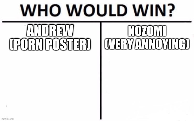 who would be liked more? | ANDREW
(P0RN POSTER); NOZOMI
(VERY ANNOYING) | image tagged in memes,who would win | made w/ Imgflip meme maker