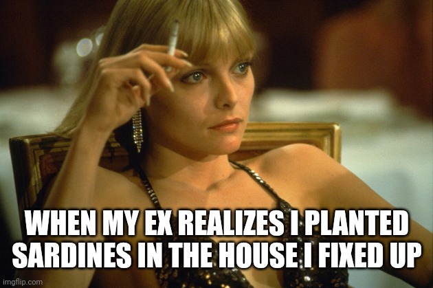 Ex-wife | WHEN MY EX REALIZES I PLANTED SARDINES IN THE HOUSE I FIXED UP | image tagged in ex-wife | made w/ Imgflip meme maker