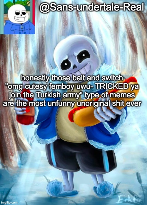 Sans template | honestly those bait and switch "omg cutesy femboy uwu- TRICKED ya join the Turkish army" type of memes are the most unfunny unoriginal shit ever | image tagged in sans template | made w/ Imgflip meme maker