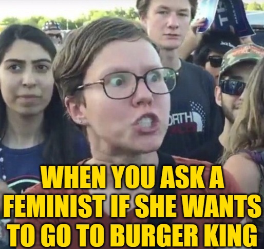 Wanna Go To Burger King? |  WHEN YOU ASK A FEMINIST IF SHE WANTS TO GO TO BURGER KING | image tagged in triggered feminist,burger king,lol,humor,jokes,funny memes | made w/ Imgflip meme maker
