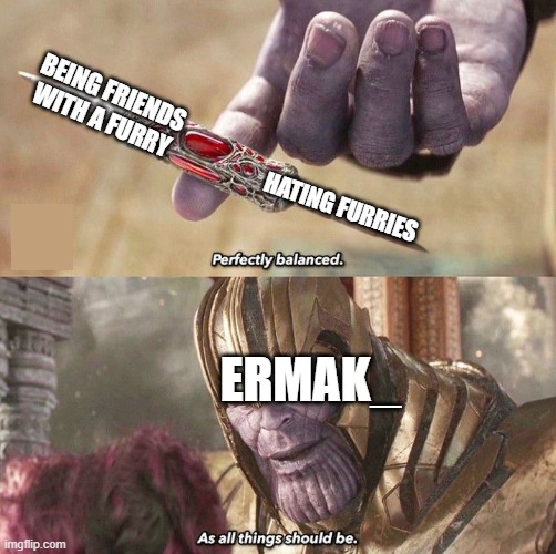 Perfectly Balanced | BEING FRIENDS WITH A FURRY HATING FURRIES ERMAK_ | image tagged in perfectly balanced | made w/ Imgflip meme maker