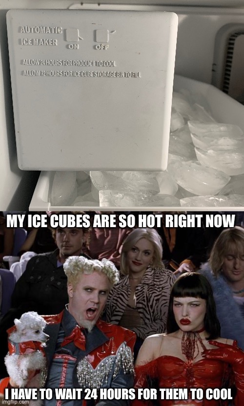 My Ice Maker | MY ICE CUBES ARE SO HOT RIGHT NOW; I HAVE TO WAIT 24 HOURS FOR THEM TO COOL | image tagged in memes,mugatu so hot right now,true story bro | made w/ Imgflip meme maker