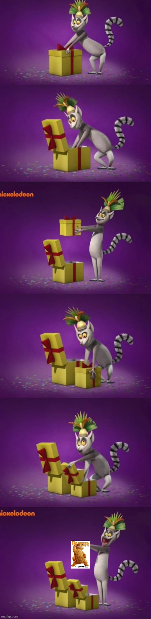 king julien unboxing garfield the movie | image tagged in king julian unboxing present in his mind,garfield | made w/ Imgflip meme maker