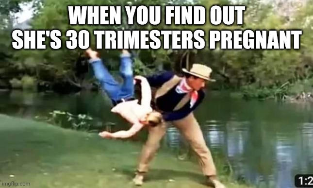 It's never too late for an abortion | WHEN YOU FIND OUT SHE'S 30 TRIMESTERS PREGNANT | image tagged in john wayne,negz,water | made w/ Imgflip meme maker