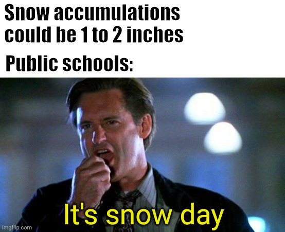 I never had snow days when I was a kid. | Snow accumulations could be 1 to 2 inches; Public schools:; It's snow day | image tagged in independence day | made w/ Imgflip meme maker