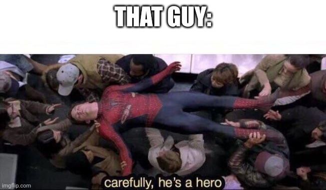 Carefully he's a hero | THAT GUY: | image tagged in carefully he's a hero | made w/ Imgflip meme maker
