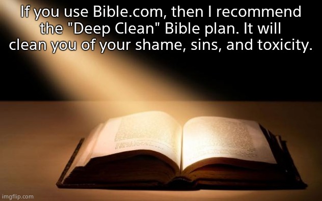 I'm using it now! | If you use Bible.com, then I recommend the "Deep Clean" Bible plan. It will clean you of your shame, sins, and toxicity. | image tagged in bible | made w/ Imgflip meme maker