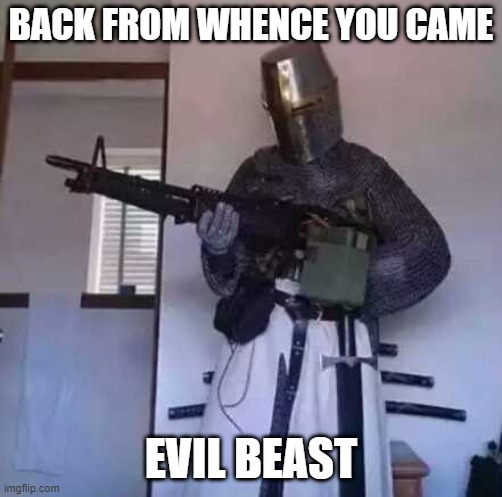 BACK FROM WHENCE YOU CAME EVIL BEAST | image tagged in crusader knight with m60 machine gun | made w/ Imgflip meme maker