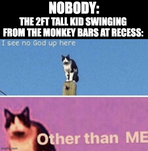 Good meme | NOBODY:; THE 2FT TALL KID SWINGING FROM THE MONKEY BARS AT RECESS: | image tagged in i see no god up here other than me | made w/ Imgflip meme maker