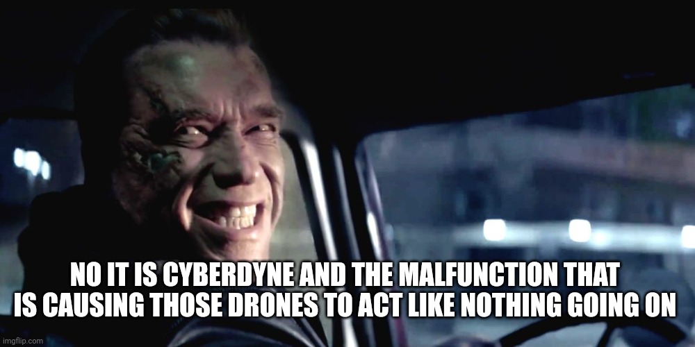 Terminator Genisys Smile | NO IT IS CYBERDYNE AND THE MALFUNCTION THAT  IS CAUSING THOSE DRONES TO ACT LIKE NOTHING GOING ON | image tagged in terminator genisys smile | made w/ Imgflip meme maker