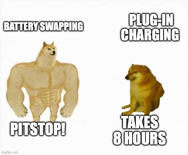 EV charging | BATTERY SWAPPING; PLUG-IN CHARGING; PITSTOP! TAKES 8 HOURS | image tagged in strong dog vs weak dog | made w/ Imgflip meme maker