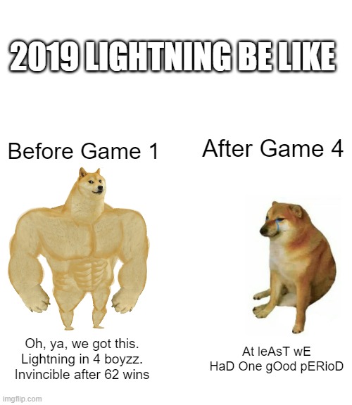 Buff Doge vs. Cheems | 2019 LIGHTNING BE LIKE; After Game 4; Before Game 1; Oh, ya, we got this. Lightning in 4 boyzz. Invincible after 62 wins; At leAsT wE HaD One gOod pERioD | image tagged in memes,buff doge vs cheems | made w/ Imgflip meme maker