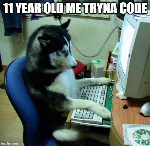 I can't code but I bet this husky can | 11 YEAR OLD ME TRYNA CODE | image tagged in memes,i have no idea what i am doing | made w/ Imgflip meme maker