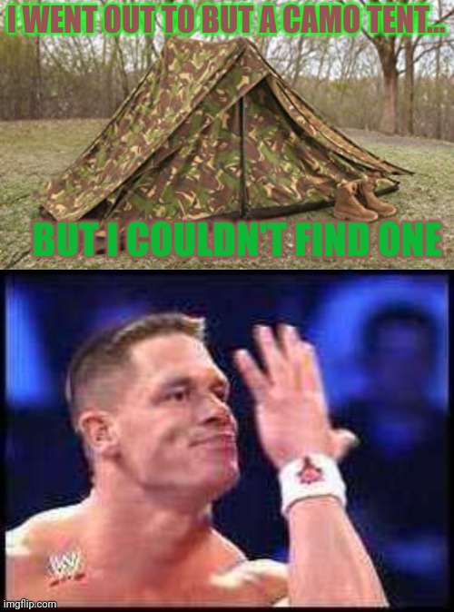 Vote big tent partee. | I WENT OUT TO BUT A CAMO TENT... BUT I COULDN'T FIND ONE | image tagged in u cant see me,vote,big tent,party,john cena | made w/ Imgflip meme maker