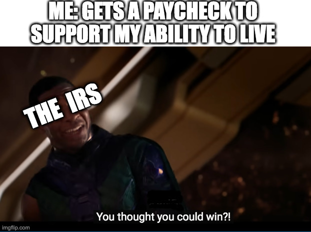 Taxes suck | ME: GETS A PAYCHECK TO SUPPORT MY ABILITY TO LIVE; THE  IRS | image tagged in taxes,income taxes,kang,marvel,antman | made w/ Imgflip meme maker