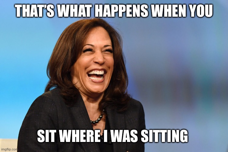 Kamala Harris laughing | THAT’S WHAT HAPPENS WHEN YOU SIT WHERE I WAS SITTING | image tagged in kamala harris laughing | made w/ Imgflip meme maker