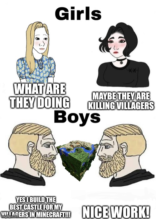 Boys don’t really like to kill villagers | WHAT ARE THEY DOING; MAYBE THEY ARE KILLING VILLAGERS; NICE WORK! YES I BUILD THE BEST CASTLE FOR MY VILLAGERS IN MINECRAFT!!! | image tagged in girls vs boys | made w/ Imgflip meme maker