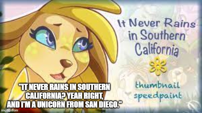 "IT NEVER RAINS IN SOUTHERN CALIFORNIA? YEAH RIGHT, AND I'M A UNICORN FROM SAN DIEGO." | made w/ Imgflip meme maker