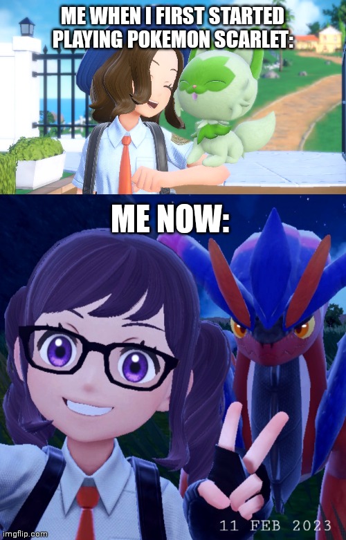 Koraidon looks so grumpy lmao (dw he's just tired) | ME WHEN I FIRST STARTED PLAYING POKEMON SCARLET:; ME NOW: | made w/ Imgflip meme maker