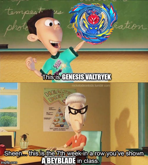 Sheen's show and tell | GENESIS VALTRYEK; A BEYBLADE | image tagged in sheen's show and tell | made w/ Imgflip meme maker