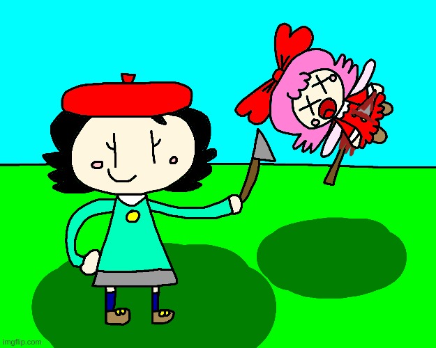 Adeleine killed Ribbon with a longer knife | image tagged in kirby,gore,blood,funny,cute,parody | made w/ Imgflip meme maker