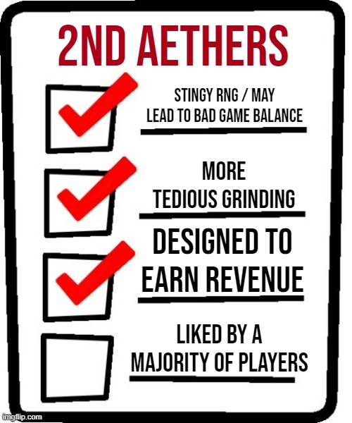 4-item checklist meme | 2ND AETHERS; STINGY RNG / MAY LEAD TO BAD GAME BALANCE; MORE TEDIOUS GRINDING; DESIGNED TO EARN REVENUE; LIKED BY A MAJORITY OF PLAYERS | image tagged in 4-item checklist meme | made w/ Imgflip meme maker