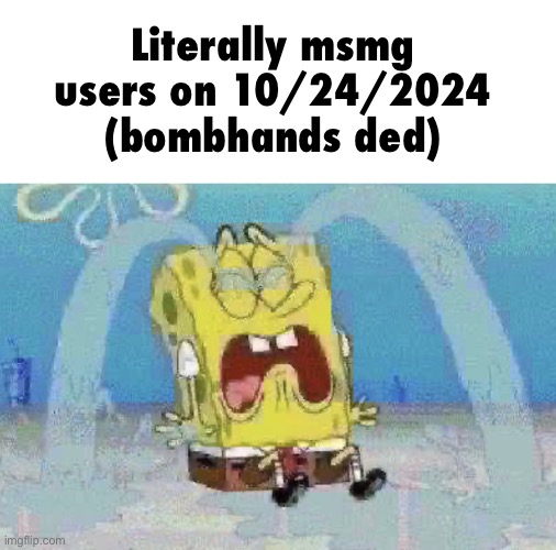 Literally msmg users on 10/24/2024 (bombhands ded) | image tagged in spong cri | made w/ Imgflip meme maker