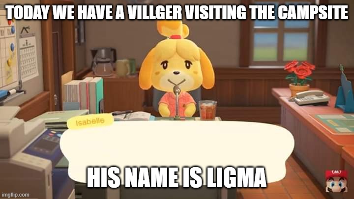 Isabelle Animal Crossing Announcement | TODAY WE HAVE A VILLGER VISITING THE CAMPSITE; HIS NAME IS LIGMA | image tagged in isabelle animal crossing announcement | made w/ Imgflip meme maker