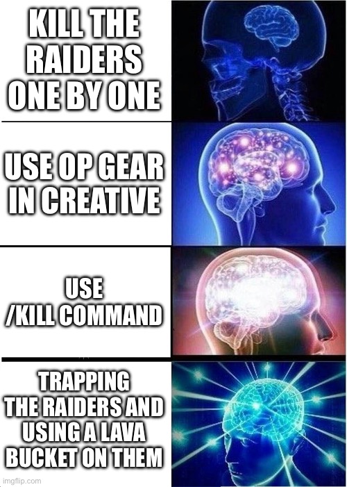 How to defeat a raid | KILL THE RAIDERS ONE BY ONE; USE OP GEAR IN CREATIVE; USE /KILL COMMAND; TRAPPING THE RAIDERS AND USING A LAVA BUCKET ON THEM | image tagged in memes,expanding brain | made w/ Imgflip meme maker