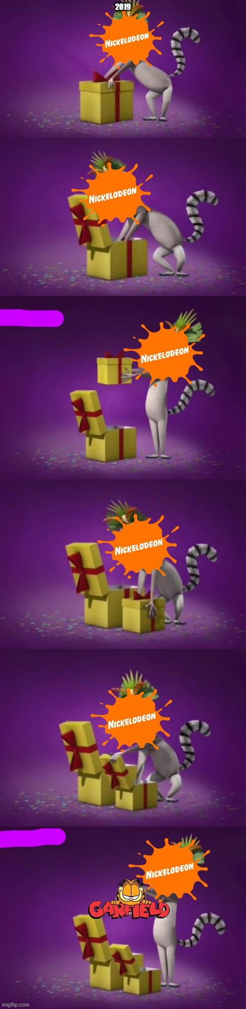 the day nickelodeon bought garfield | 2019 | image tagged in king julian unboxing present in his mind,nickelodeon,garfield,flashback | made w/ Imgflip meme maker