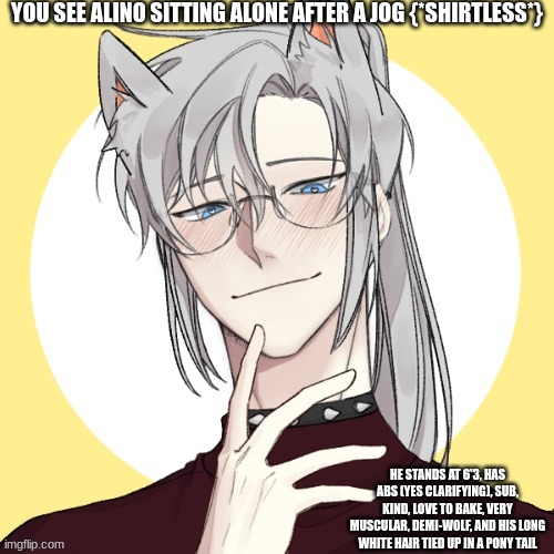 YOU SEE ALINO SITTING ALONE AFTER A JOG {*SHIRTLESS*}; HE STANDS AT 6'3, HAS ABS (YES CLARIFYING), SUB, KIND, LOVE TO BAKE, VERY MUSCULAR, DEMI-WOLF, AND HIS LONG WHITE HAIR TIED UP IN A PONY TAIL | image tagged in rp | made w/ Imgflip meme maker