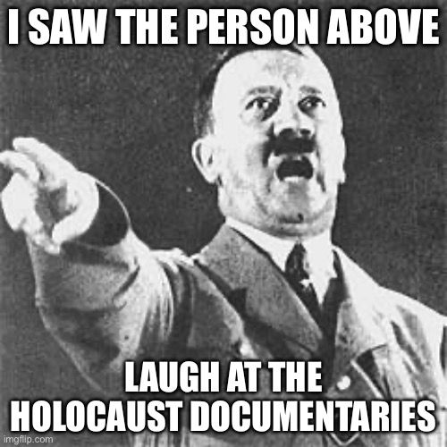 Him ^^ | I SAW THE PERSON ABOVE; LAUGH AT THE HOLOCAUST DOCUMENTARIES | image tagged in hitler | made w/ Imgflip meme maker