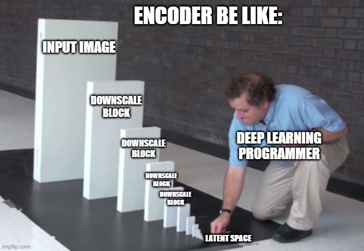 Domino Effect | ENCODER BE LIKE:; INPUT IMAGE; DOWNSCALE BLOCK; DOWNSCALE BLOCK; DEEP LEARNING PROGRAMMER; DOWNSCALE BLOCK; DOWNSCALE BLOCK; LATENT SPACE | image tagged in domino effect | made w/ Imgflip meme maker