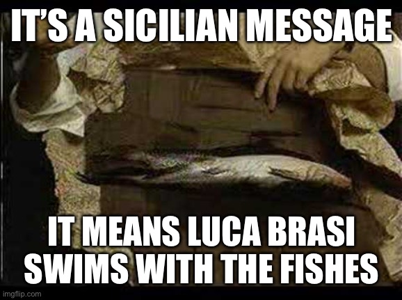 Godfather Swim With Fishes | IT’S A SICILIAN MESSAGE; IT MEANS LUCA BRASI SWIMS WITH THE FISHES | image tagged in godfather,luca,brasi,swim,fishes | made w/ Imgflip meme maker