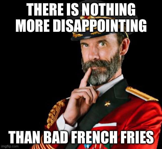 captain obvious | THERE IS NOTHING MORE DISAPPOINTING; THAN BAD FRENCH FRIES | image tagged in captain obvious,facts,true story bro,true story,so true | made w/ Imgflip meme maker