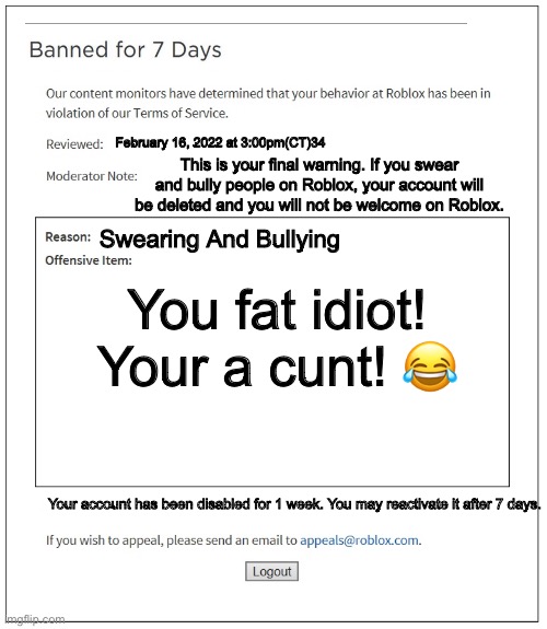 banned from ROBLOX - Imgflip