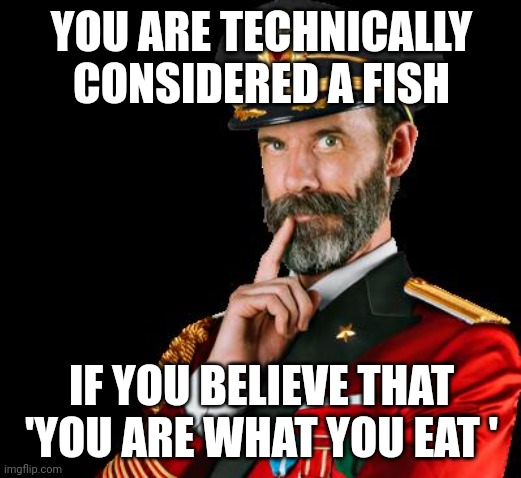 I'm a fish now | YOU ARE TECHNICALLY CONSIDERED A FISH; IF YOU BELIEVE THAT 'YOU ARE WHAT YOU EAT ' | image tagged in captain obvious | made w/ Imgflip meme maker