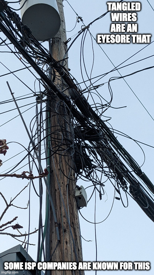 Tangled Wires on Pole | TANGLED WIRES ARE AN EYESORE THAT; SOME ISP COMPANIES ARE KNOWN FOR THIS | image tagged in wires,memes | made w/ Imgflip meme maker