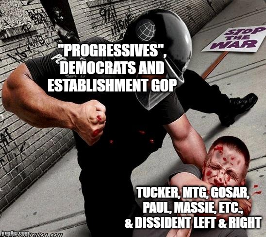 NWO Police State | "PROGRESSIVES", DEMOCRATS AND ESTABLISHMENT GOP; TUCKER, MTG, GOSAR, PAUL, MASSIE, ETC., & DISSIDENT LEFT & RIGHT | image tagged in nwo police state | made w/ Imgflip meme maker