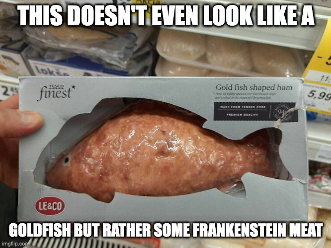 Shaped Meat | THIS DOESN'T EVEN LOOK LIKE A; GOLDFISH BUT RATHER SOME FRANKENSTEIN MEAT | image tagged in food,memes | made w/ Imgflip meme maker