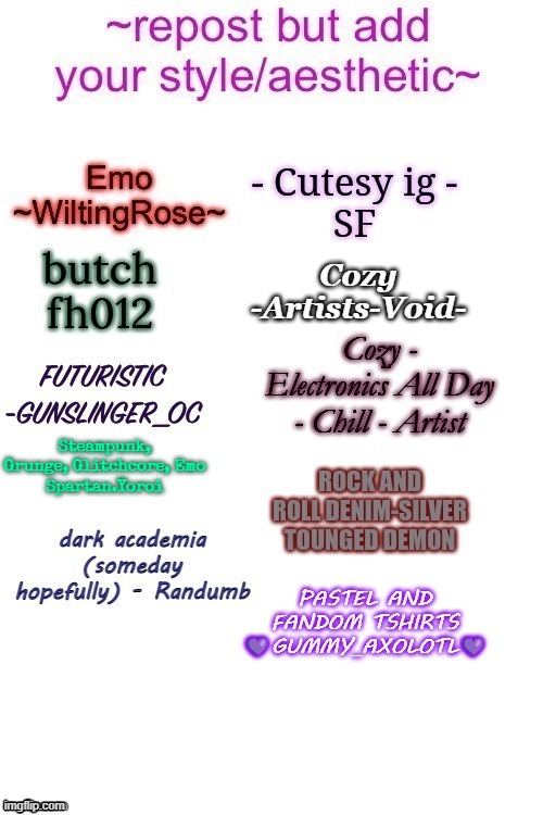 I mean- There's also gothic-cyberpunk but- Yea | Steampunk, Grunge, Glitchcore, Emo
Spartan.Yoroi | made w/ Imgflip meme maker